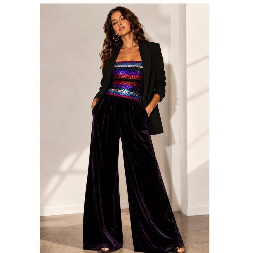 Vintage Rainbow Sequin Velvet‎ Strapless Jumpsuit • 70s Disco Palazzo Glam